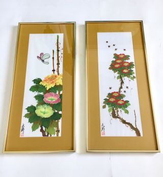 2 Gary Poon Tai To Chinese Watercolor Floral Silk Paintings Flowers 1976 Signed 2