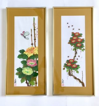 2 Gary Poon Tai To Chinese Watercolor Floral Silk Paintings Flowers 1976 Signed 3