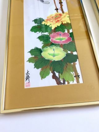 2 Gary Poon Tai To Chinese Watercolor Floral Silk Paintings Flowers 1976 Signed 4