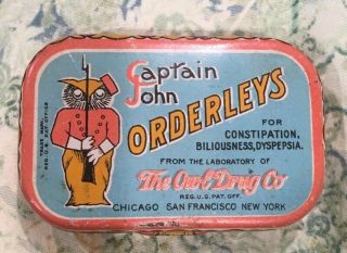 Rare Owl Drug Pharmacy Captain John Orderleys Tablet Tin San Francisco Ny