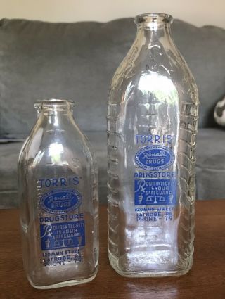 2 Vintage 1940s Rexall Drugstore 4,  8 Oz Baby Nursing Bottles Painted Label Pyro