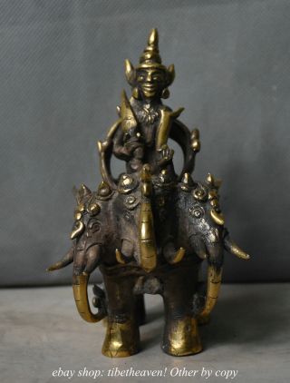 13cm Tibet Copper Protector Deity God Soldier Ride Three Head Elephant Sculpture