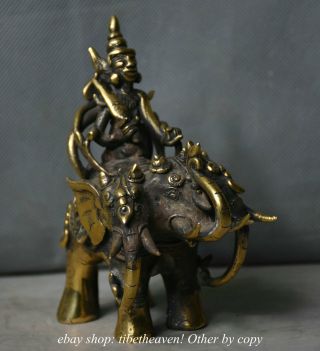 13CM Tibet Copper Protector Deity God Soldier Ride Three Head Elephant Sculpture 4