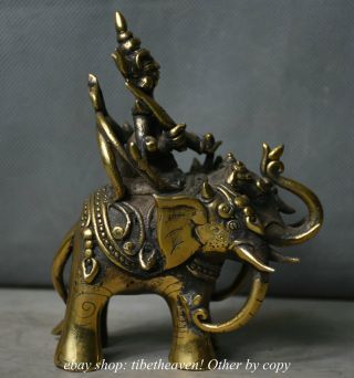 13CM Tibet Copper Protector Deity God Soldier Ride Three Head Elephant Sculpture 6