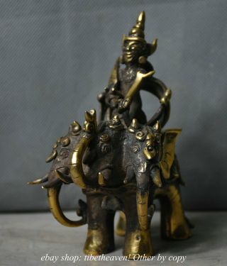 13CM Tibet Copper Protector Deity God Soldier Ride Three Head Elephant Sculpture 7