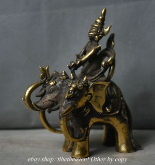 13CM Tibet Copper Protector Deity God Soldier Ride Three Head Elephant Sculpture 8