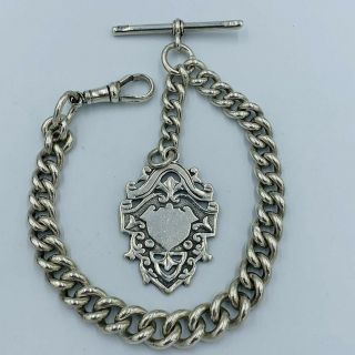 Antique Sterling Silver Single Albert Pocket Watch Chain Fob & T Bar 1903 - 4 537