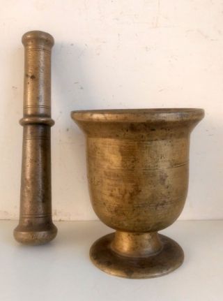 1850 ' s Antique Old Hand Carved Bronze Brass Spice Grinding Mortar Pestle Pot 4