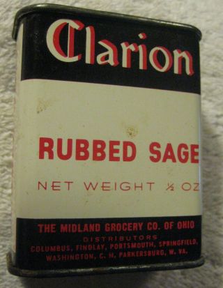Vintage Rare Clarion Rubbed Sage Spice Tin Can,  Midland Grocery Of Ohio,  Findlay