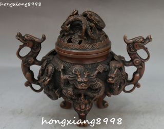 Marked China Purple Bronze Nine Dragons Loong Beast Animal Incense Burner Censer