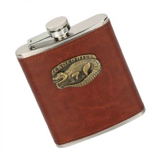 8oz Hip Flask Brown Leather Effect Stainless Steel 1