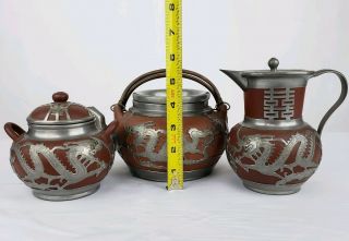 Antique Chinese Yixing Tea Set With Pewter Dragons And Coin Wei - Hai - Wei Ho Sheng 11