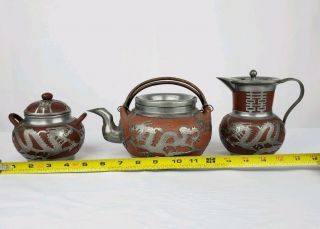Antique Chinese Yixing Tea Set With Pewter Dragons And Coin Wei - Hai - Wei Ho Sheng 12
