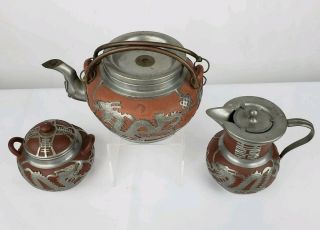 Antique Chinese Yixing Tea Set With Pewter Dragons And Coin Wei - Hai - Wei Ho Sheng 2