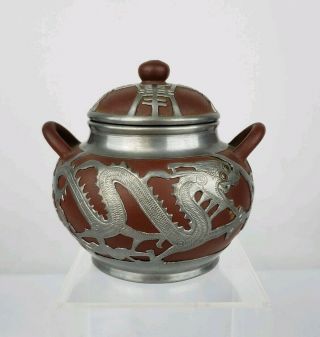 Antique Chinese Yixing Tea Set With Pewter Dragons And Coin Wei - Hai - Wei Ho Sheng 9