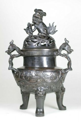 Antique Chinese Late Ming Qing Bronze Incense Burner Censer And Cover Dragons