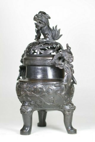 Antique Chinese Late Ming Qing Bronze Incense Burner Censer and Cover Dragons 2