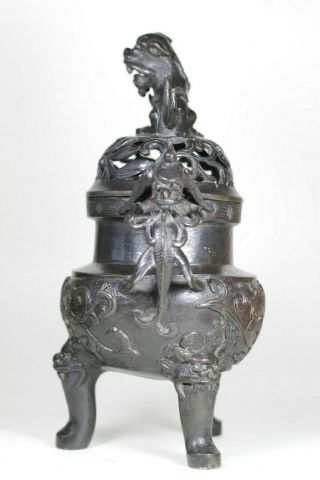 Antique Chinese Late Ming Qing Bronze Incense Burner Censer and Cover Dragons 3