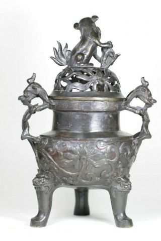 Antique Chinese Late Ming Qing Bronze Incense Burner Censer and Cover Dragons 4
