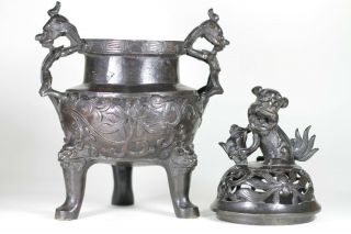 Antique Chinese Late Ming Qing Bronze Incense Burner Censer and Cover Dragons 5