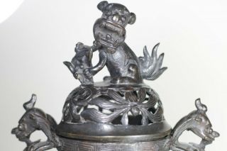 Antique Chinese Late Ming Qing Bronze Incense Burner Censer and Cover Dragons 8