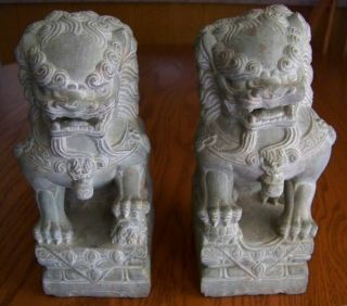 Pair Old Chinese Carved Stone Door Guardian Foo Dogs With Mouth Orbs