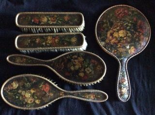 5 Piece English Sterling Silver Gold Wash Dresser Set With Flowers