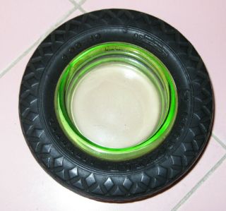 1950s Vintage Small 3.  5 " Goodyear Tire Ashtray Green Depression Glass Air Wheel