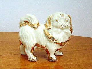 Vintage Pekingese Dog Figurine White Glazed With Gold Trim