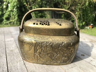 Chinese Bronze Hand Warmer Qing Dynasty Decorated Scholars Four Character Mark