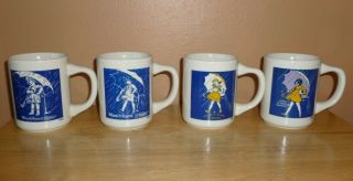 Set Of 4 Morton Salt Coffee Cup Rains Pours Mugs Vintage 1914 1921 1956 1968