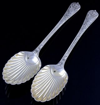 2 1876 Victorian Cast Sterling Silver Armorial Shell Bowl Serving Spoons
