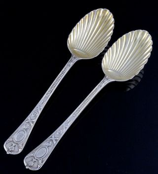 2 1876 VICTORIAN CAST STERLING SILVER ARMORIAL SHELL BOWL SERVING SPOONS 2