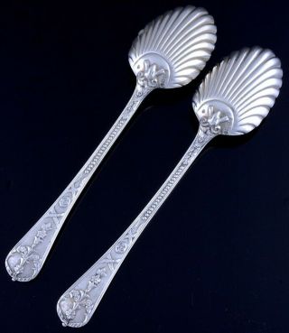 2 1876 VICTORIAN CAST STERLING SILVER ARMORIAL SHELL BOWL SERVING SPOONS 6