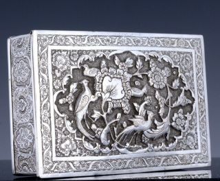 19thc Persian Middle Eastern Solid Silver Repousse Birds Table Desk Box