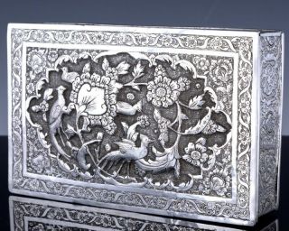 19thC PERSIAN MIDDLE EASTERN SOLID SILVER REPOUSSE BIRDS TABLE DESK BOX 3
