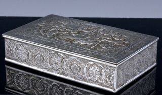 19thC PERSIAN MIDDLE EASTERN SOLID SILVER REPOUSSE BIRDS TABLE DESK BOX 4