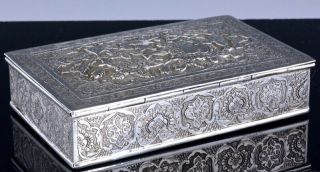 19thC PERSIAN MIDDLE EASTERN SOLID SILVER REPOUSSE BIRDS TABLE DESK BOX 5