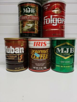 6 Vintage COFFEE TINS CANS Folgers,  MJB,  Yuban,  IRIS 12 - 16ozs 3
