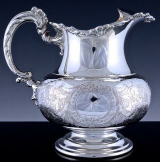 Gorgeous C1940 Flower Handle Etched Silver Plate Ice Lip Water Wine Pitcher Jug