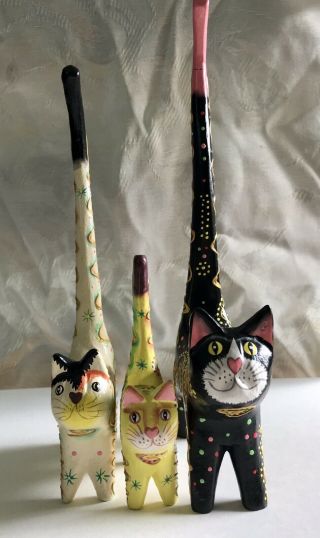 Handmade Hand Painted Wood Cat Family Ring Holders Fair Trade Artisan 3 Cats.