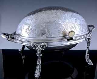 V.  C1880 Victorian Bright Cut Silver Plate Revolving Lid Entree Serving Dish