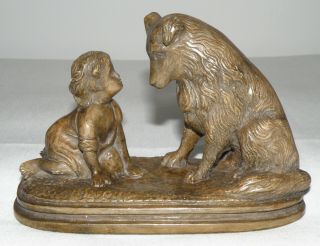 Older Bronze - Tone Statuette Of A Little Child And Collie