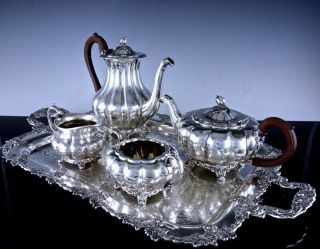 Antique 1881 Rogers Silver Plate 4pc Tea & Coffee Set W Platter Tray