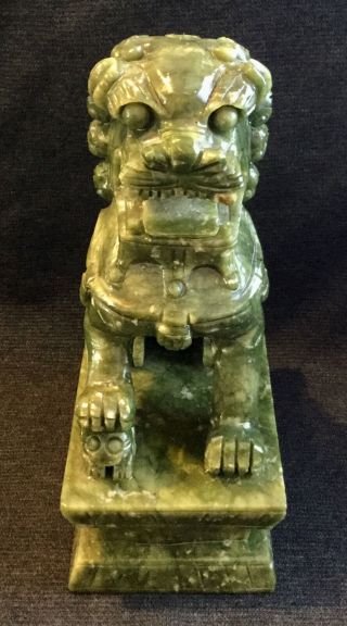 7 " Vintage Chinese Hand Carved Natural Green Jade Fu Dog Guardian Lion - Rare
