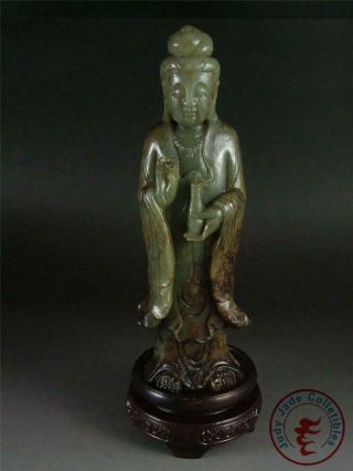 Old Chinese Celadon Nephrite Jade Carved Statue Figure Of Kwan Yin W/ Stand