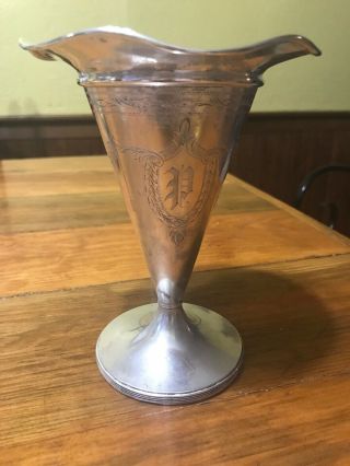 Vintage Sterling Silver Trumpet Vase W/ Engraving 9.  25 "
