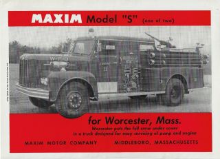 Maxim Model " S " Full - Cover Fire Pumper For Worcester,  Ma June 1965 - Ifc Adv