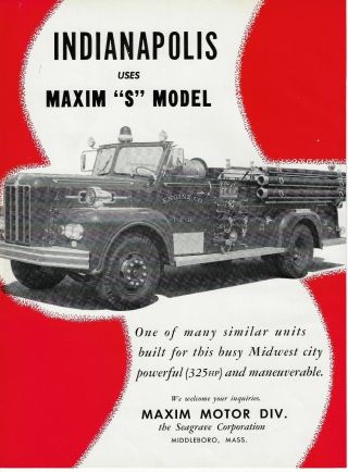 Maxim Model " S " Fire Pumper For Indianapolis,  In F.  D.  - Oct 1966 - Ifc Adv