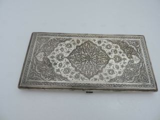 LARGE ANTIQUE PERSIAN ISLAMIC LOW GRADE SILVER OR SILVER - PLATED CIGARETTE CASE 3